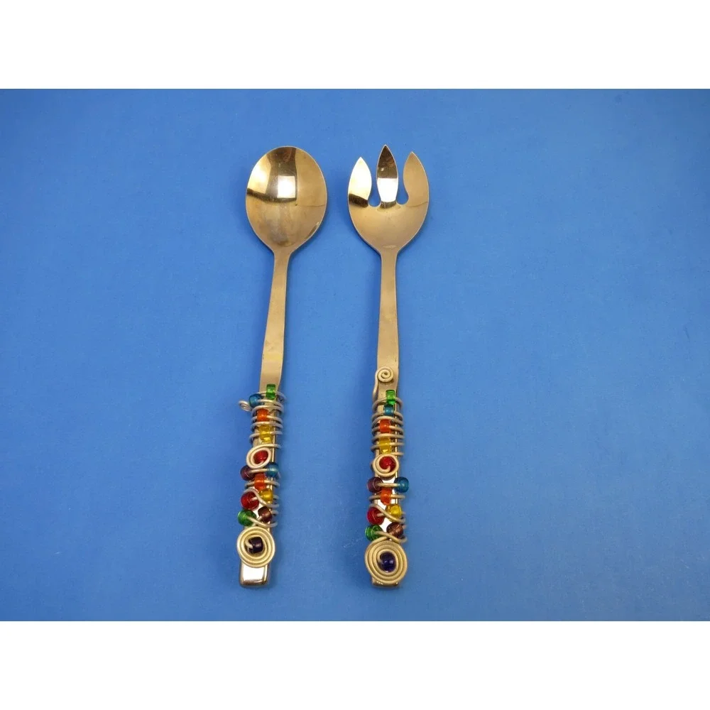 Adcraft Boho Artsy Salad Spoon and Fork Set Beaded Metal Wire Wrapped